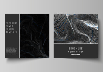 The minimal vector illustration of editable layout of two square format covers design templates for brochure, flyer, magazine. Smooth smoke wave, hi-tech concept black color techno background.