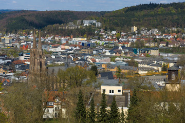 Fototapeta na wymiar Marburg. Germany. The new and the old part of the city from the surrounding hills. Marburg is a university town in the German federal state (Bundesland) of Hessen.