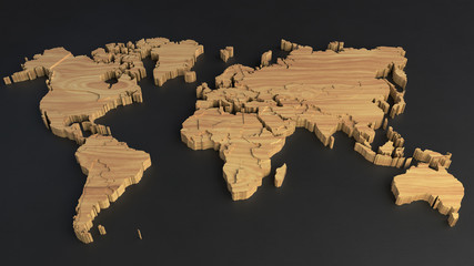 3d render of a light wooden world map on a black background.