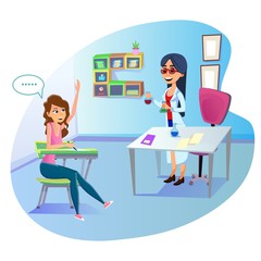 Laboratory Work in Chemistry Class. Woman Teacher, Wearing White Overall with Test Tubes in Hands. Curious Girl, High School Student, Raising Hand to Give Answer. Cute Cartoon Characters.