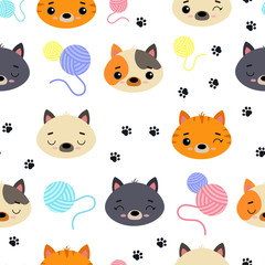 Seamless vector pattern with colorful cats, balls of thread and footprints. Cute emotional Pets on a white background. Creative design for printing on fabric, Wallpaper and children 's products.