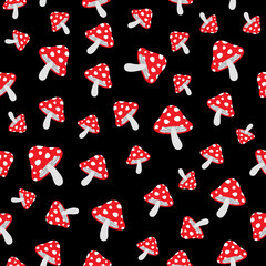 Seamless vector pattern with cute cartoon forest mushrooms fly agaric on a black background. Creative design for printing on fabric, Wallpaper and scrapbooking.