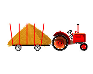 Old tractor with a trailer. The trailer is loaded with hay. Vector illustration on a white background.