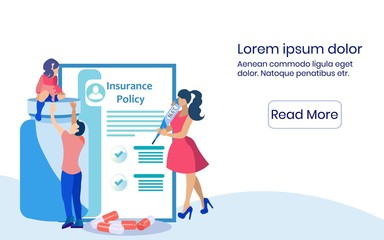 Woman in Red Dress with Thermometer in Hands and Man with Girl. Insurance Policy. Vector Illustration. Reliable Protection. Medical Insurance for Family. Health Insurance. Health Care. Website Screen.