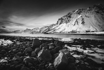 Natural landscape with mountain and rocks in Lofoten Norway