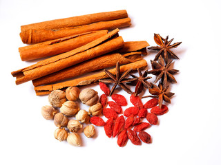 Top view of herbs and spices isolated on white background.