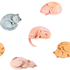 Hand painted watercolor cartoon cats and kittens patterns