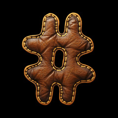 Symbol hash made of leather. 3D render font with skin texture isolated on black background.
