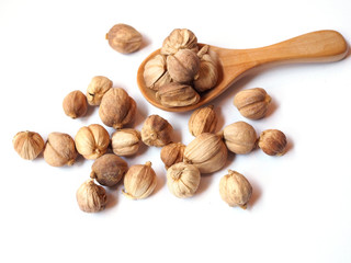 Dried spices and herbs with siam cardamom (amomum krervanh pierre) in wooden spoon isolated on white background.