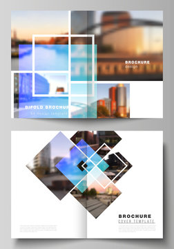 Vector layout of two A4 format modern cover mockups design templates for bifold brochure, magazine, flyer, booklet, annual report. Creative trendy style mockups, blue color trendy design backgrounds.