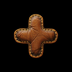 Symbol plus made of leather. 3D render font with skin texture isolated on black background.