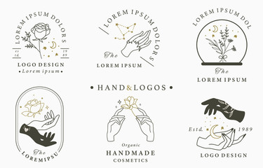 Beauty occult logo collection with hand,geometric,crystal,moon,rose.Vector illustration for icon,logo,sticker,printable and tattoo