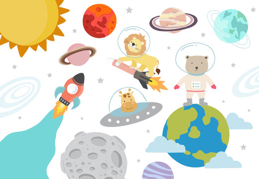 Collection of space background set with astronaut, sun, moon, star,rocket.Editable vector illustration for website, invitation,postcard and sticker.Include wording out of this world,blast off