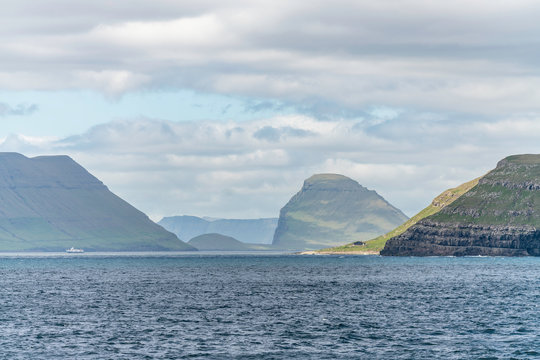 View towards Skopunarfjordur near Kirkjubour in the Faroe Islands on Streymoy island as seen from Smyril ship to Suderoy