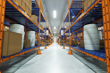 Fototapeta premium 3D render Industrial racks, pallets, boxes, shelves with goods in huge storage rooms. Warehouse equipment, automotive warehouse, logistics, delivery of goods. Copy space.