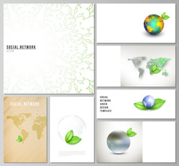 Vector layouts of modern social network mockups in popular formats for cover design, website design, website backgrounds. Save Earth planet concept. Sustainable development global business concept.