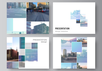 Vector layout of the presentation slides design business templates, multipurpose template for presentation brochure, brochure cover. Abstract design project in geometric style with blue squares.