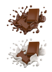 chocolate pieces falling on chocolate sauce and Milk creamy splash 3d illustration.