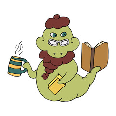 Smart intelligent bookworm professor reads a book and drinks tea or coffee. Worm in hat, scarf and glasses. Hand drawn educational vector illustration isolated on white background.