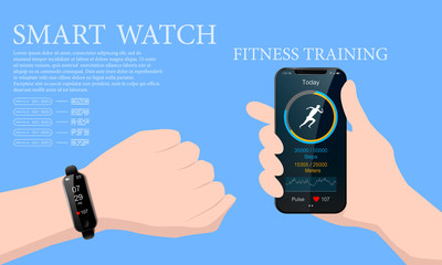 Black smart watch on your hand and smart phone, mobile fitness app with running tracker and heart rate meter, healthy lifestyle concept, realistic vector illustration