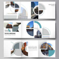 Vector layout of square covers design templates for trifold brochure, flyer, cover design, book, brochure cover. Background with abstract circle round banners. Corporate business concept template.