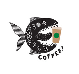 A fictional monster fish with an open mouth and tongue. A cup of coffee in his mouth. Phrase Coffee. Conceptual design for t-shirts and other merch. Black and white illustration.