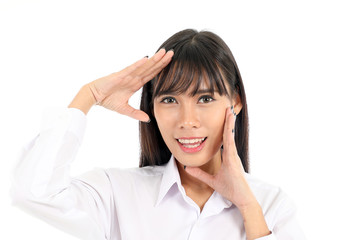 Facial Expression Young Asian woman office attire white background