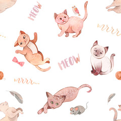Hand painted watercolor cartoon cats and kittens patterns