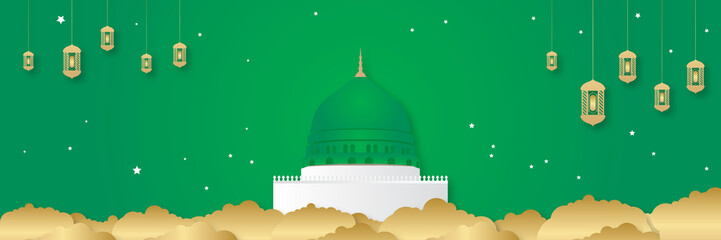 Ramadan kareem background for wide banner. Paper cut vector illustration with mosque and moon, place for text greeting card and banner. ramadan kareem poster with moon hanging vector illustration