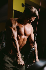 Fototapeta na wymiar fitness bodybuilder works out pushing up excercise in gym