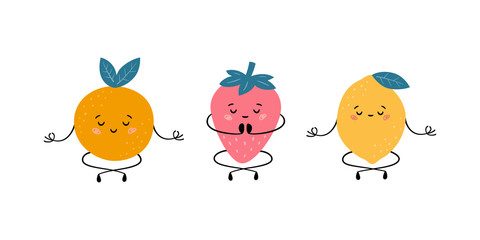 Cute fruits in yoga pose. Orange, strawberry and lemon practicing yoga and meditates. Funny vector cartoon characters isolated on white background