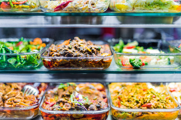 Traditional Asian food ingredients and dishes sold in a singapore restaurant