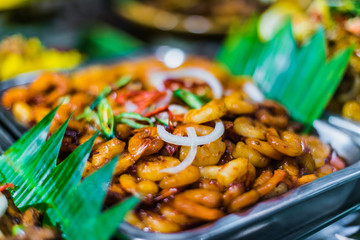 Traditional Asian food ingredients and dishes sold in a singapore restaurant