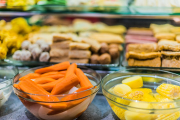 Traditional Asian food ingredients and dishes sold in a singapore restaurant