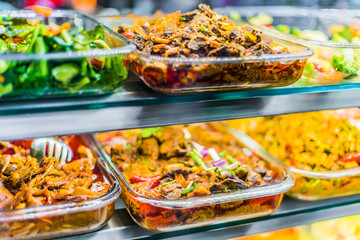 Traditional Asian food ingredients and dishes sold in a singapore restaurant