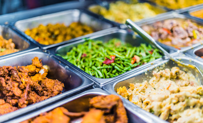 Traditional Asian food ingredients and dishes sold in a singapore restaurant