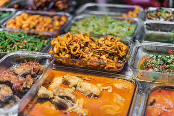 Traditional Asian food ingredients and dishes sold in a singapore restaurant