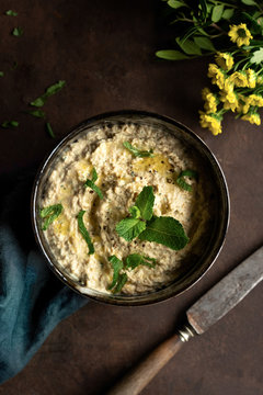 Homemade hummus with mint.