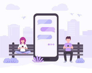 Young woman and young man sitting in city park near big smartphone with the message bubbles on screen. Stock vector. People and mobile technology flat illustration, chat, mobile messengers concept.