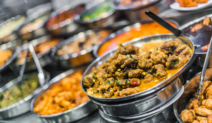 Traditional Asian food ingredients and dishes sold in a singapore restaurant