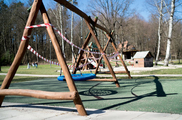 All children playgrounds was prohibited for using in Zilina city as a prevent measures to avoid 2019–20 coronavirus pandemic in Europe. Playground Swings taped around with restricted signs.