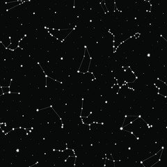 Seamless vector pattern with white zodiacal constellations on black background. Zodiac signs. Space background.