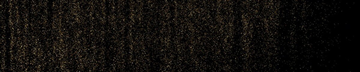 Gold glitter texture panoramic background.Gold glitter texture isolated on black. Amber particles color. Celebratory panoramic background. Golden explosion of confetti. Long horizontal banner. Vector 
