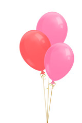 Three realistic flying balloons with golden ribbon illustration. Pink and red balloons. Isolated on white background. Stock vector.