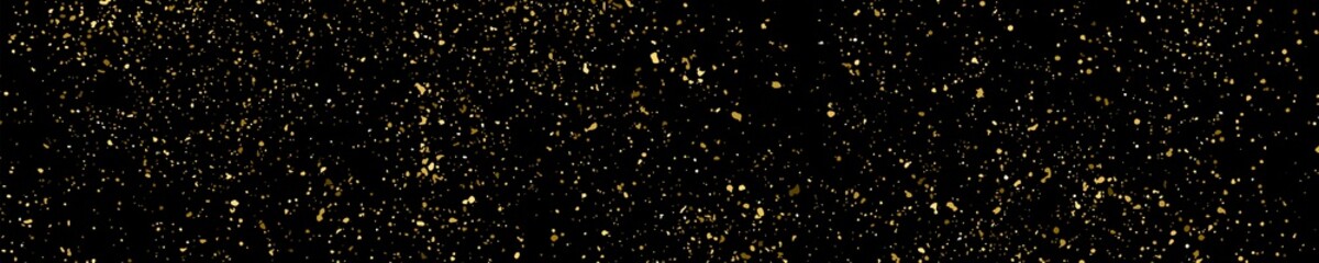 Gold glitter texture panoramic background.Gold glitter texture isolated on black. Amber particles color. Celebratory panoramic background. Golden explosion of confetti. Long horizontal banner. Vector 