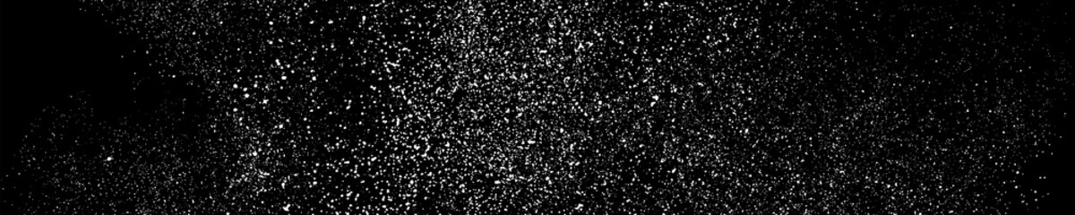 White grainy texture on black. Panoramic background. Wide horizontal long banner for site. Dust overlay. Light colour noise granules. Snow vector elements. Illustration, EPS 10.