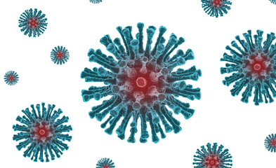 Microscope view of many very dangerous coronavirus Covid-19 isolated on white background. Coronavirus 2019-ncov infection. 3D rendering.