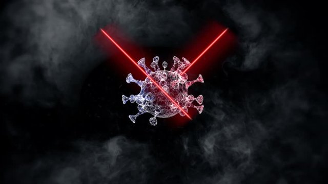 Unexpected outbreak of deadly virus. Dreadful virus cell appearing on dark smoky backhground and crossing with red lase cross.