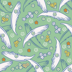 Vector seamless pattern with light feathers and flowers.