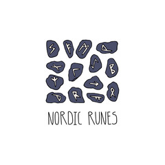 Nordic runes on stones. Futhark set of scandinavian symbols. Paganism and Wicca concept. Hand drawn vector illustration
